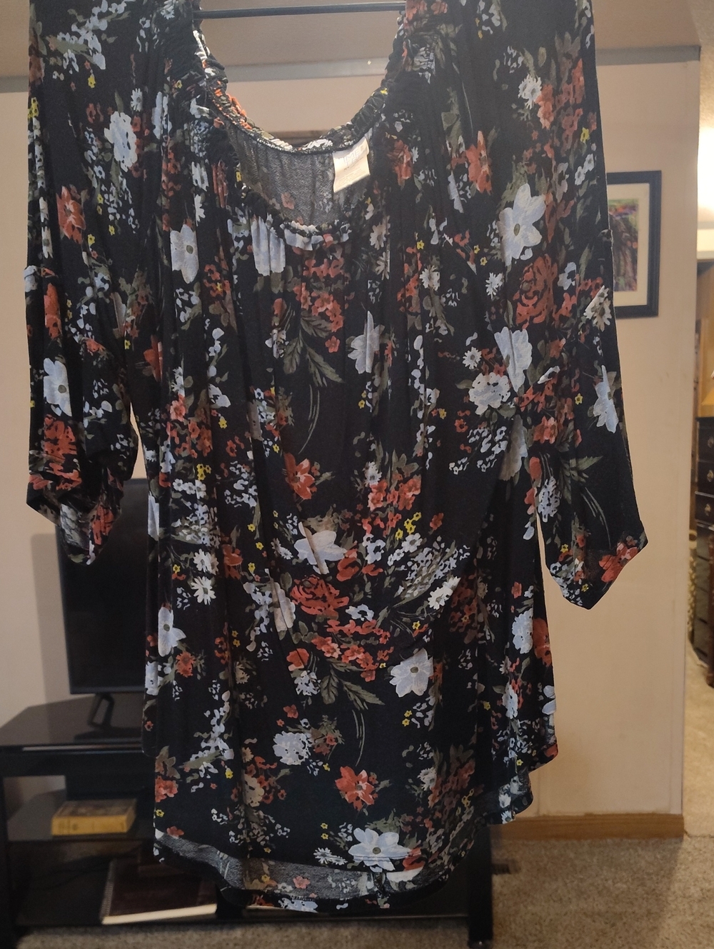 Time and Tru Black Floral Long Sleeve Tunic Dress with Rust and White Accents